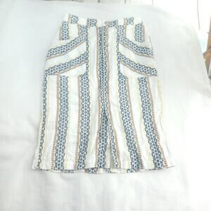 Anthropologie Cream Blue Striped Pockets Buttons Size 4 Pencil Skirt